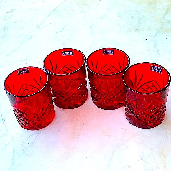 GODINGER DUBLIN COLLECTION DOUBLE OLD FASHIONED RED CRYSTAL GLASSES SET OF 4 NEW - Picture 2 of 9